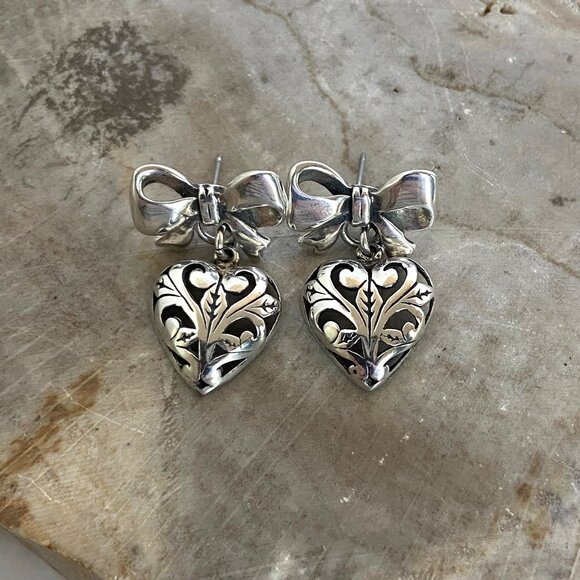 VTG Sterling Silver 925 1" Pierced Scrollwork Heart Dangle Bow Stud Earrings - Picture 6 of 16